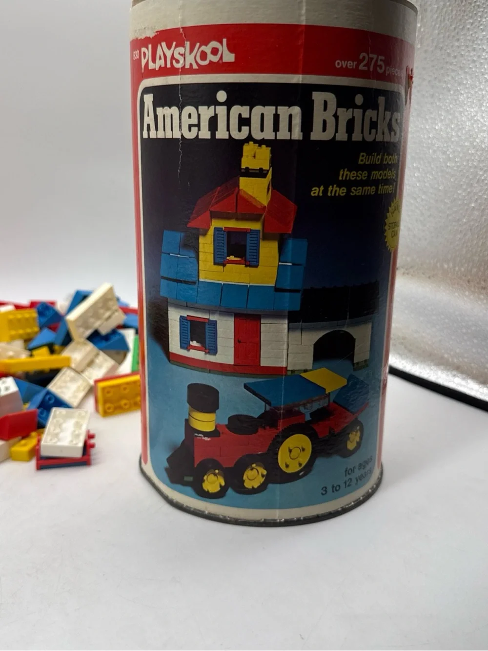 1976 Vintage Playskool American Bricks 275+ pieces with Storage Can Vintage Toy